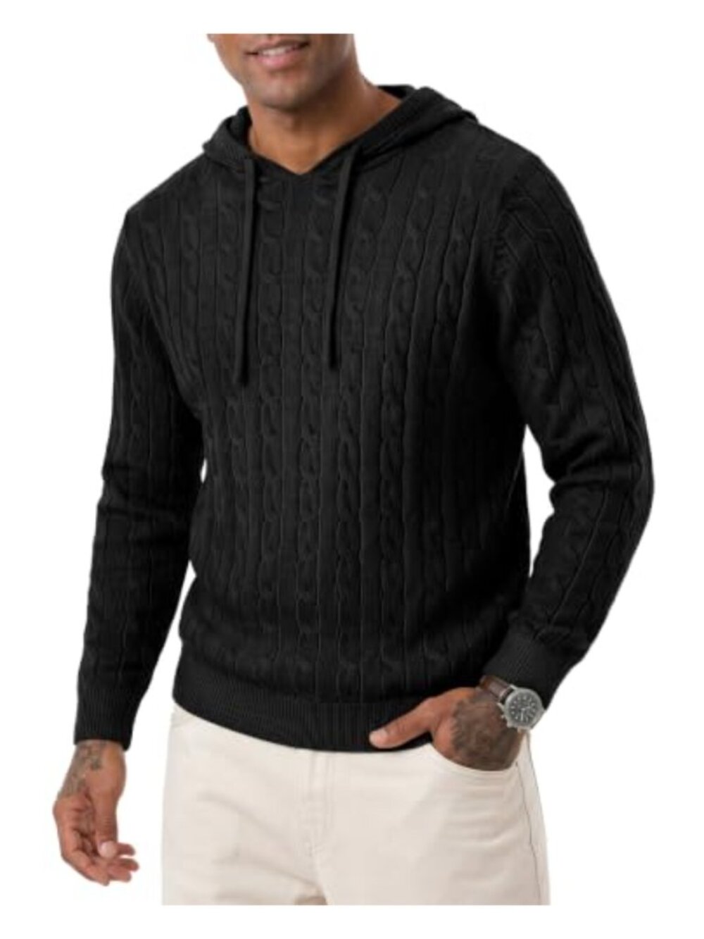 Men's Casual Hooded Sweater Knit Twist Pullover Long Sleeve